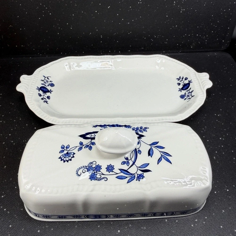 Kensington Staffordshire Ironstone Blue Onion Butter Dish Handcrafted England
